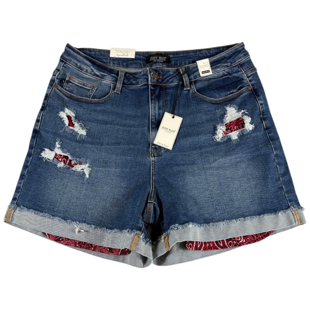 Judy Blue Jean Shorts Womens 3XL Blue Denim Distressed Bandana Patch High Waist